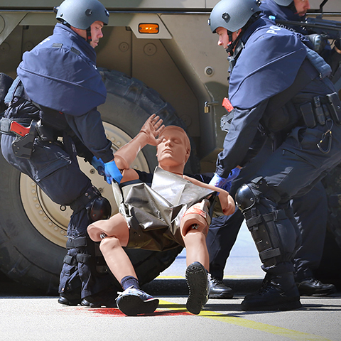 Rescue Randy being carried by military medics